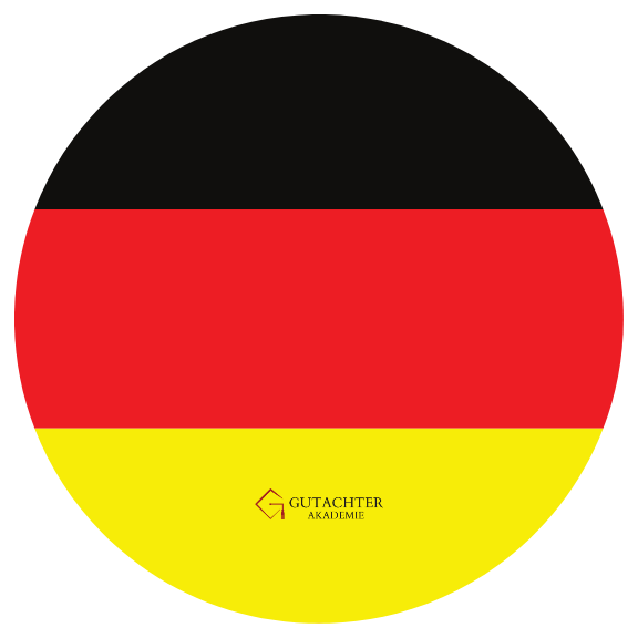 alt="Deutschlandflagge mit Domain www.gutachter-akademie.de – deutsche Online-Akademie für Kfz-Gutachter-Ausbildung" Runde Darstellung der deutschen Flagge in Schwarz, Rot und Gold.