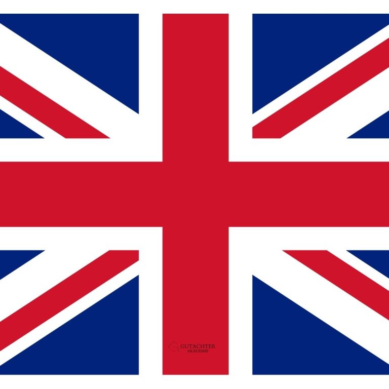 alt="Britische Flagge mit Domain www.gutachter-akademie.de – Online-Kfz-Gutachter-Ausbildung auch auf Englisch verfügbar" Union Jack Flag, bestehend aus Rot, Weiß und Blau in einem diagonalen Design.