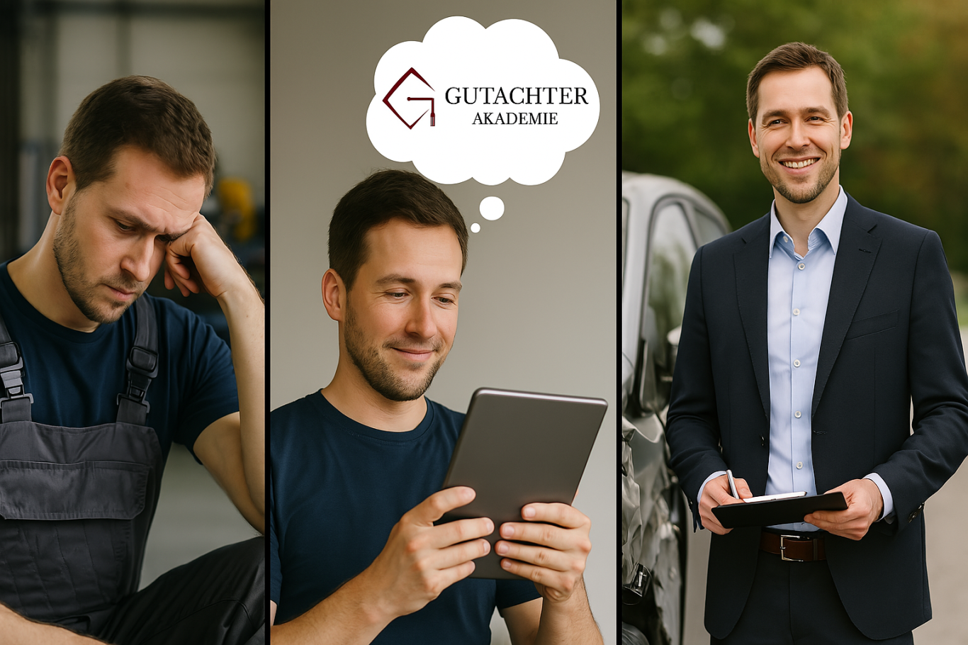 alt="Vom unzufriedenen Mechaniker zum erfolgreichen Kfz-Gutachter – Weiterbildung per Tablet bei der Gutachter Akademie" Ein Mann in Arbeitskleidung und Anzug, nutzt ein Tablet in verschiedenen Umgebungen.