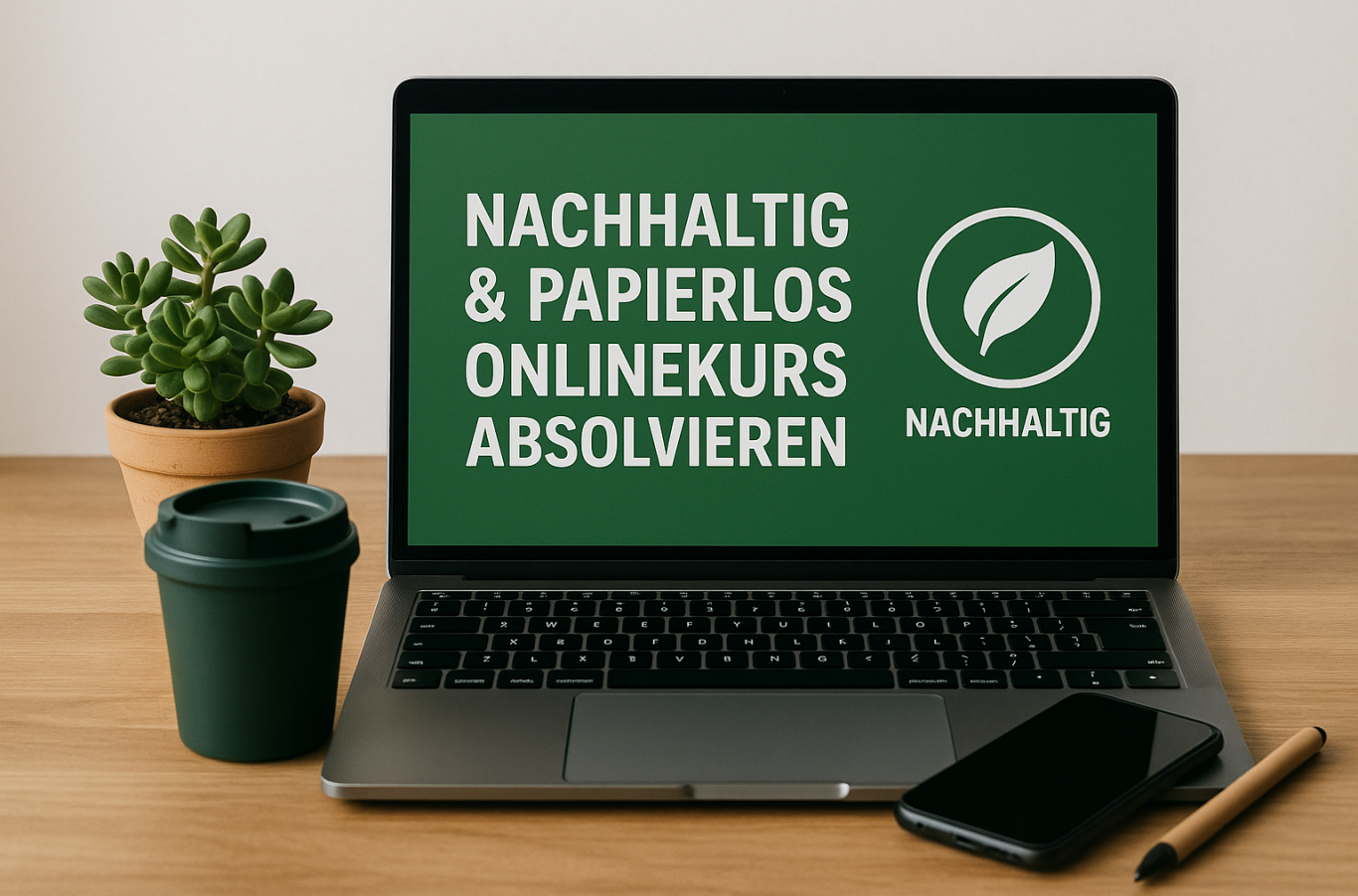 alt="Laptop mit Pflanze als Symbol für papierloses und nachhaltiges Lernen in der Kfz-Gutachter Ausbildung" Laptop auf einem Tisch mit Text zu nachhaltigen Onlinekursen und einem Getränk.